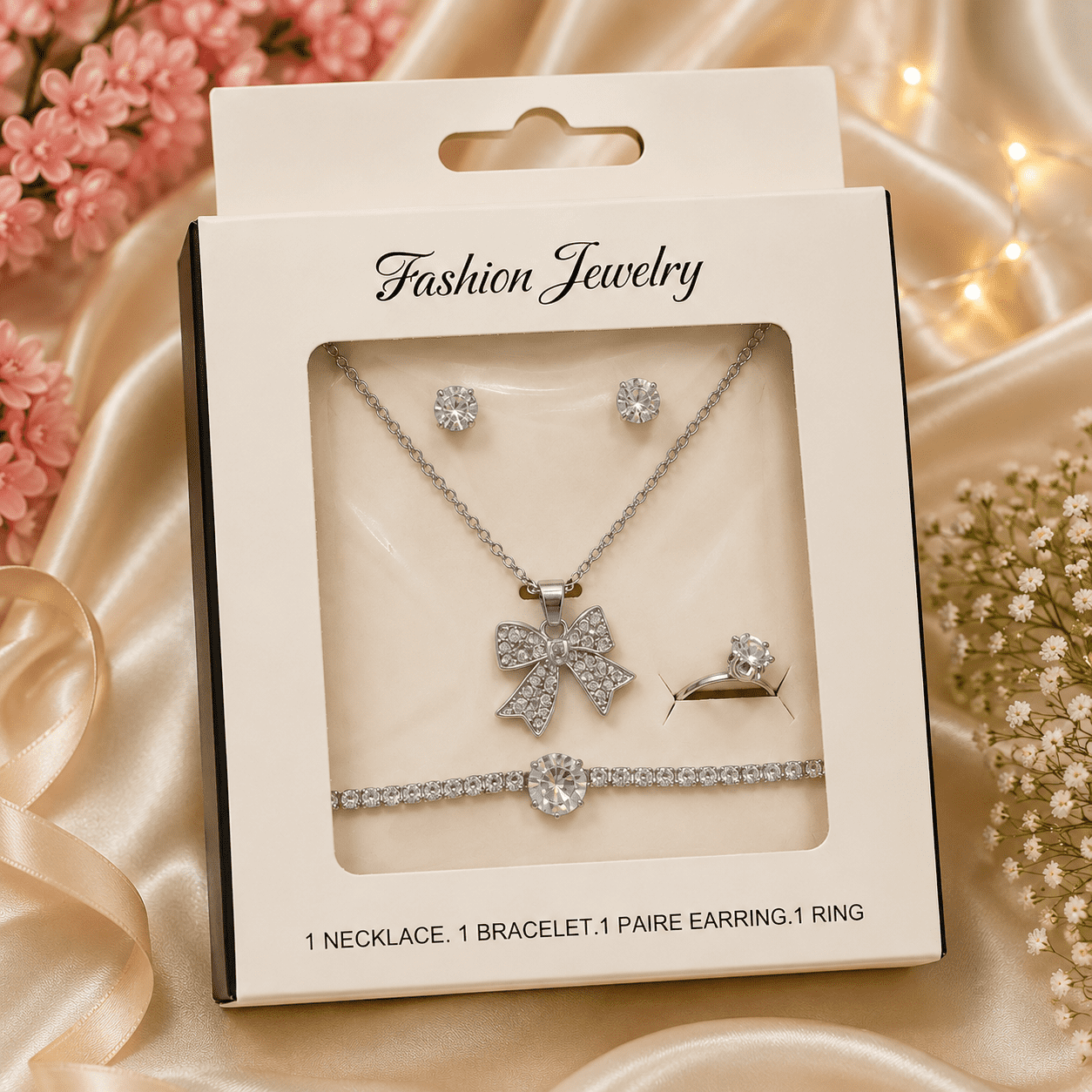 4-Piece Silver Bow Jewelry Gift Set