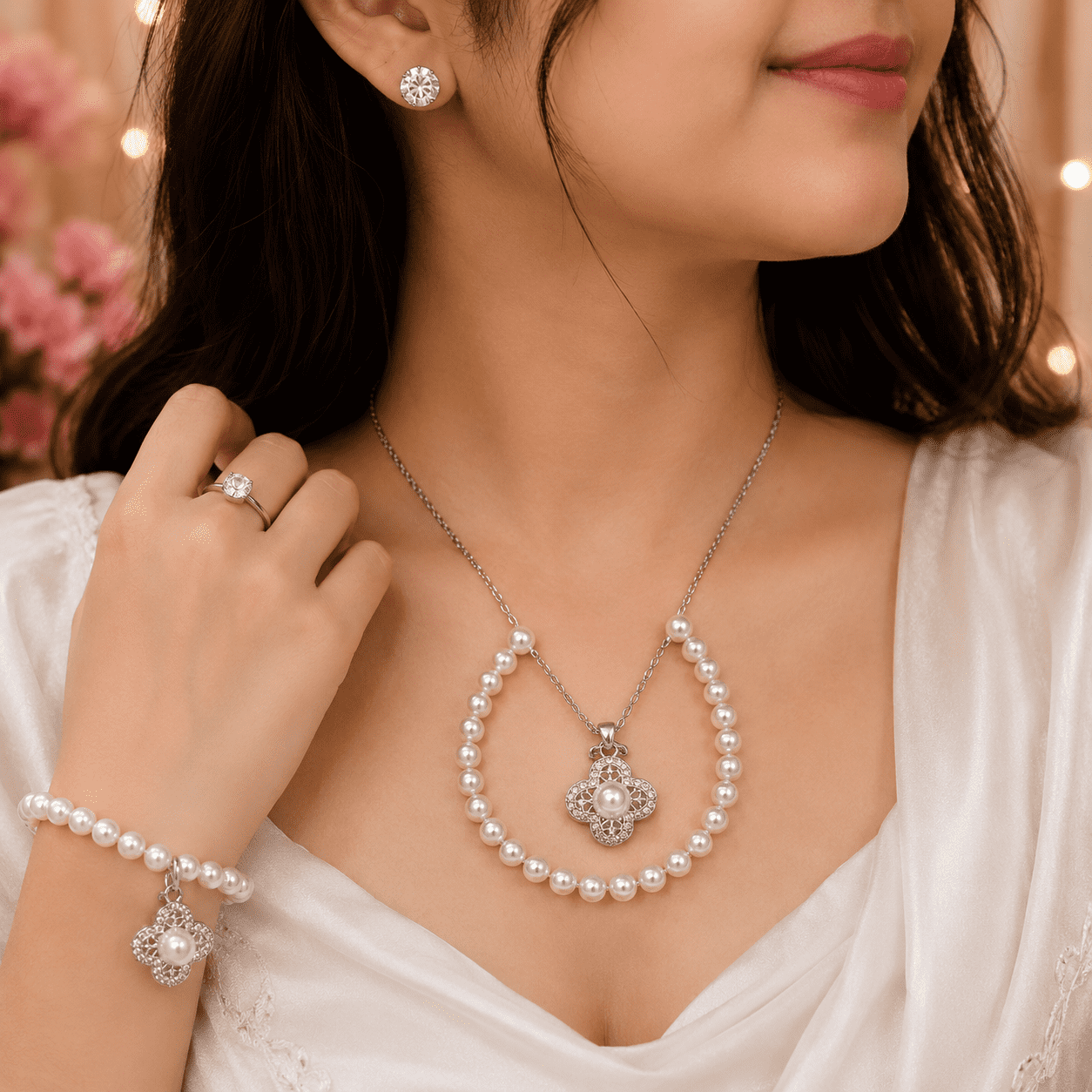 4-Piece Pearl Clover Jewelry Set - Image 2