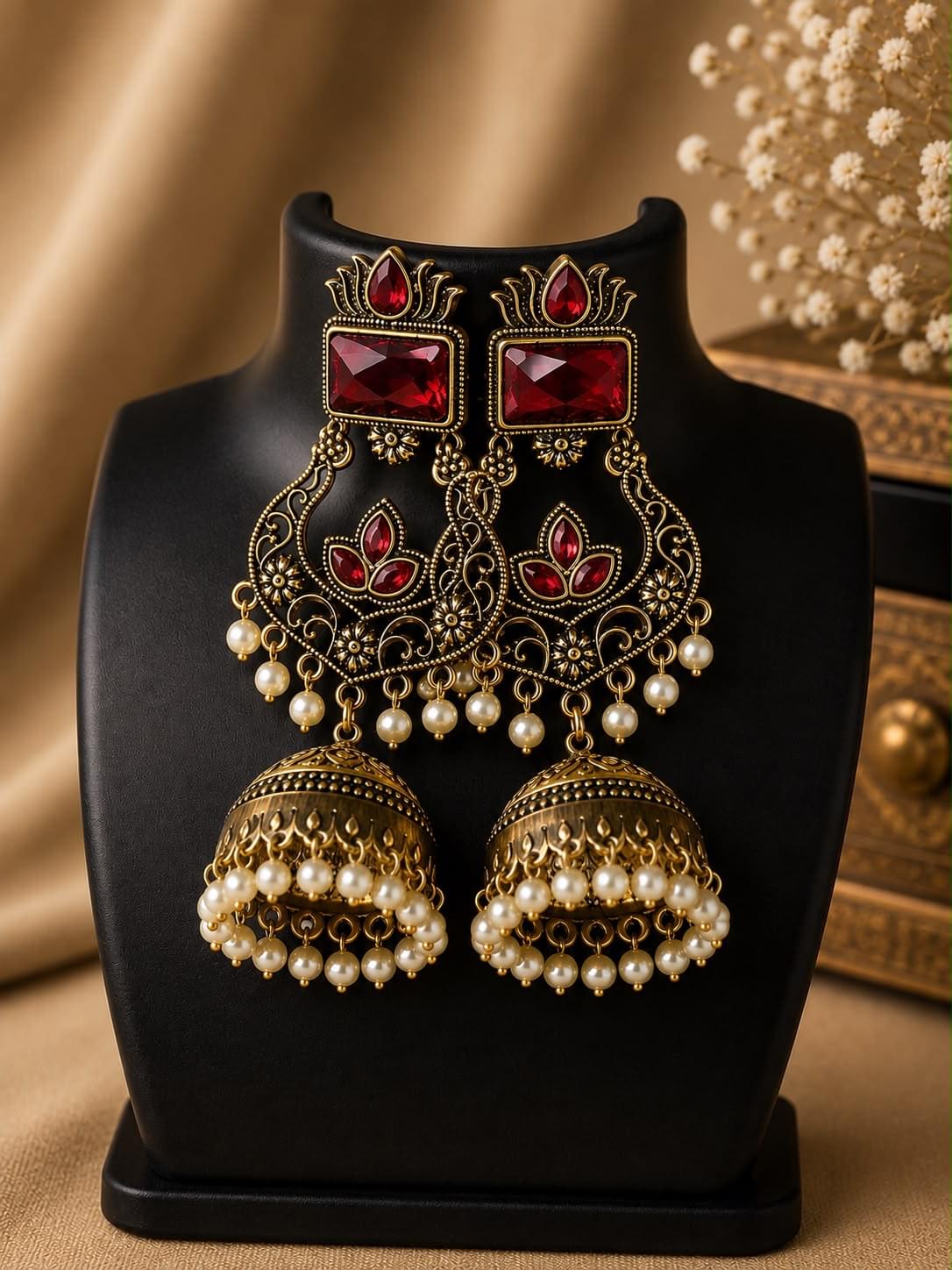 Antique Blue Stone Pearl Jhumka Earrings - Image 4